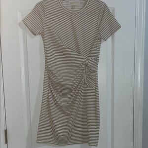 MICHAEL Michael Kors Tan and White Ruched Sheath Dress